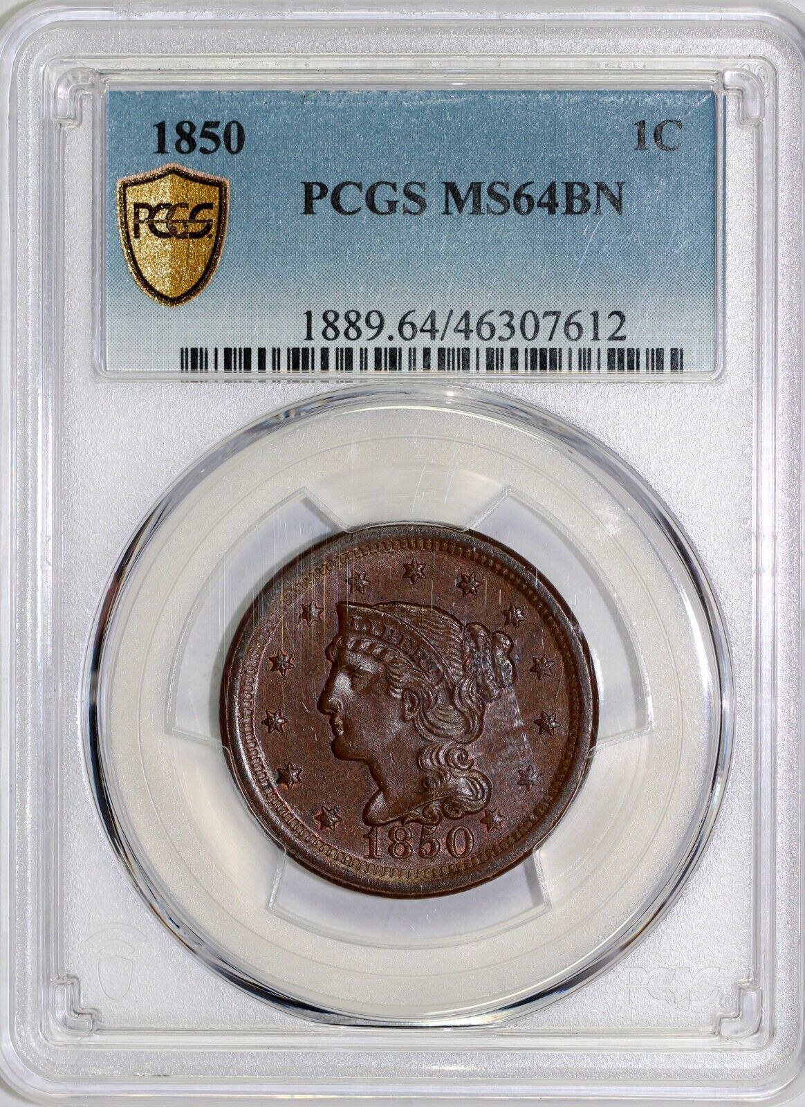1850 1c N-7 Braided Hair Large Cent PCGS MS 64 BN