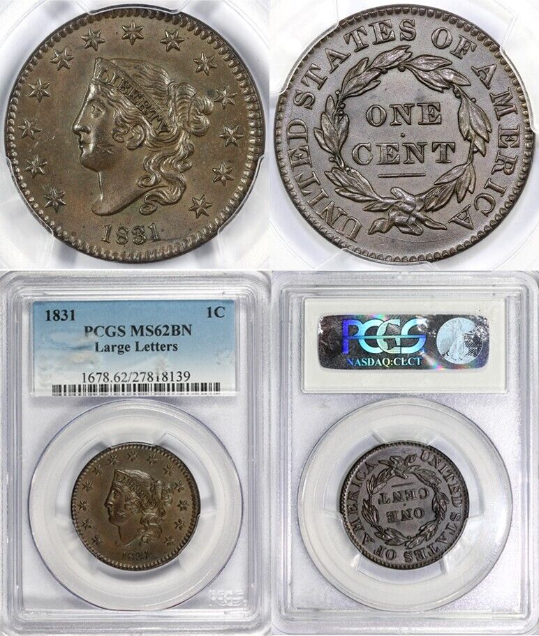 1831 1c N-8 Large Letters Coronet or Matron Head Large Cent PCGS MS 62 BN