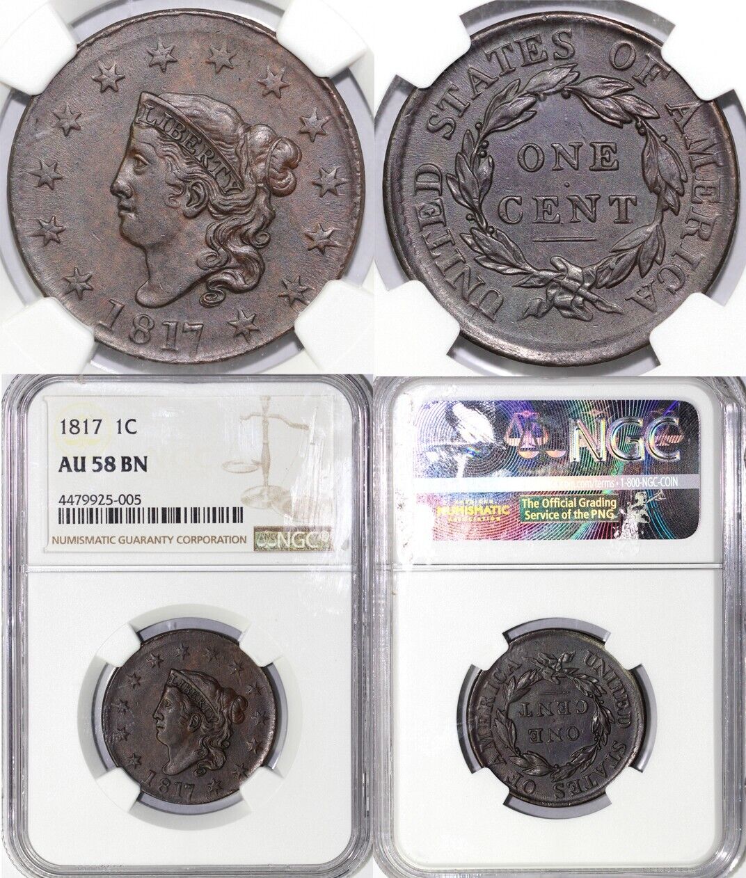 1817 1c Matron Head Large Cent NGC AU 58 BN