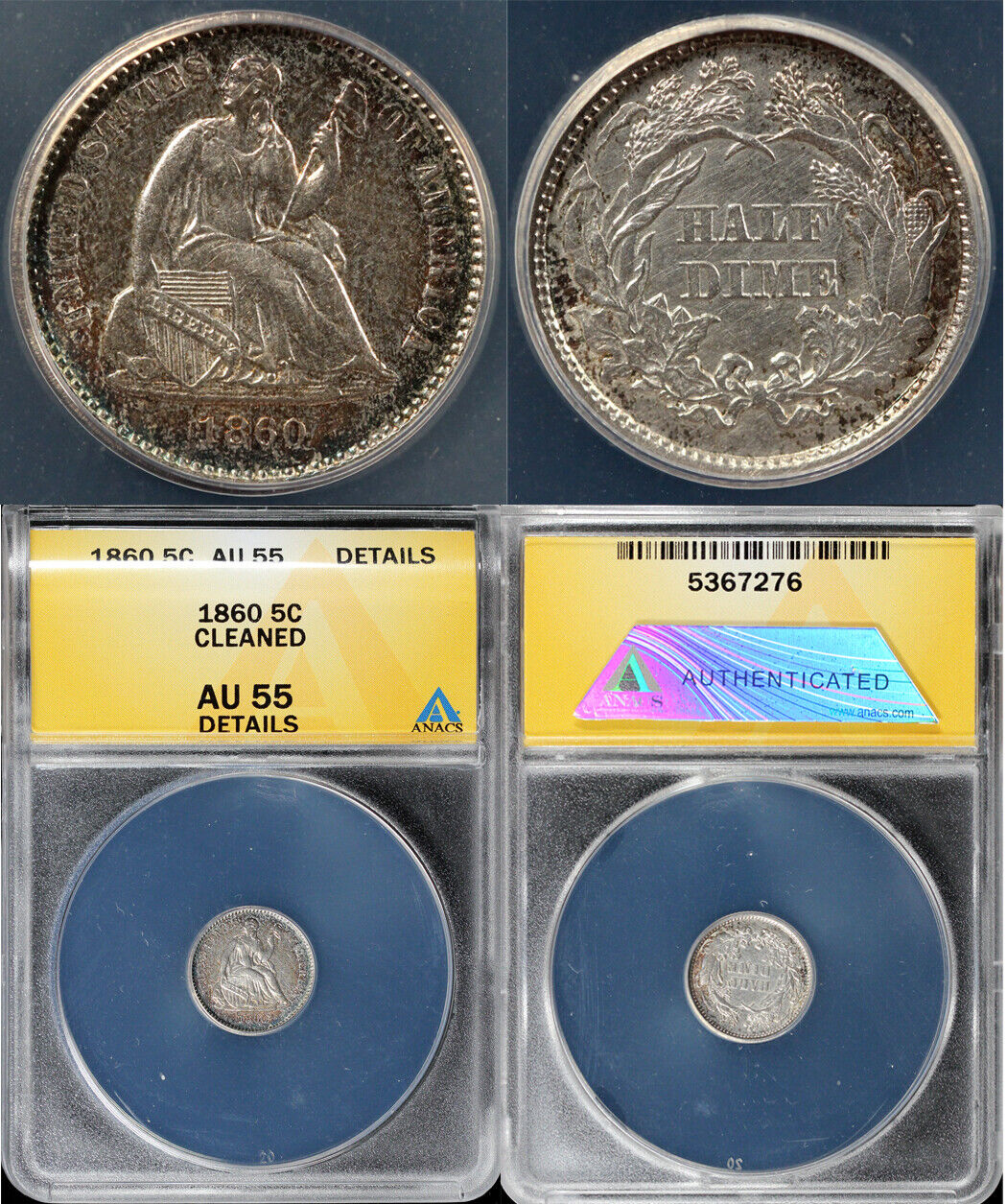 1860 H10c Seated Liberty Half Dime ANACS AU 55 DETAILS CLEANED