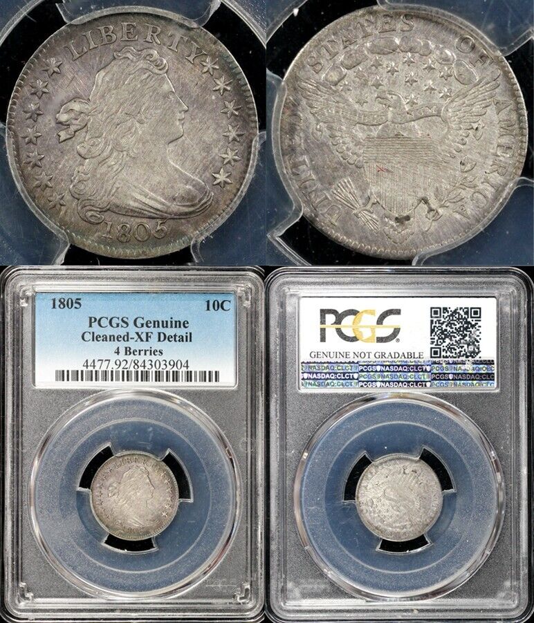 1805 10c 4 Berries Draped Bust Dime PCGS XF Details Cleaned