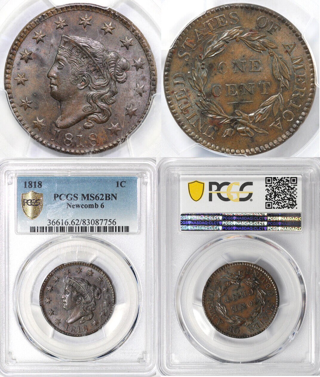 1818 1c N-6 Coronet or Matron Head Large Cent PCGS MS 62 BN