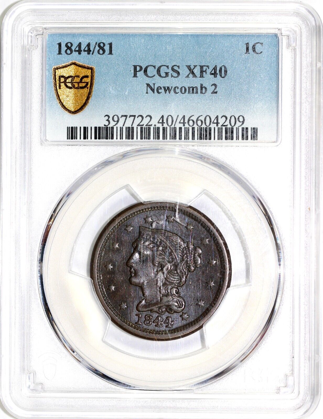 1844/81 1c N-2 Braided Hair Large Cent PCGS XF 40