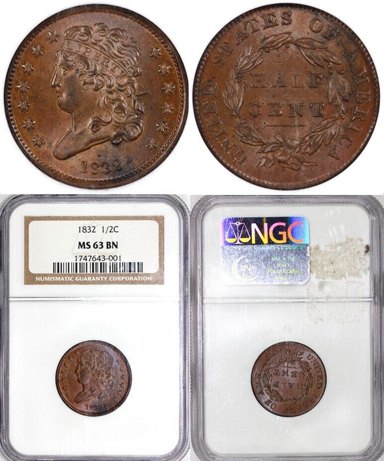 1832 1/2c C-3 Classic Head Half Cent NGC MS 63 BN