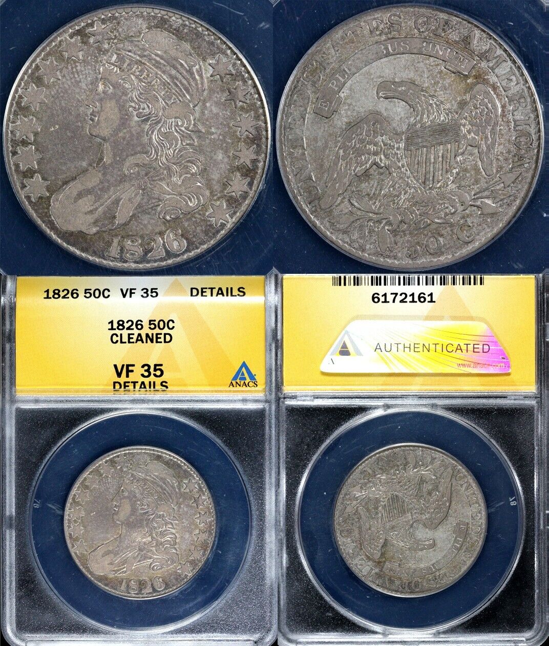1826 50c Capped Bust Half Dollar ANACS VF 35 DETAILS CLEANED