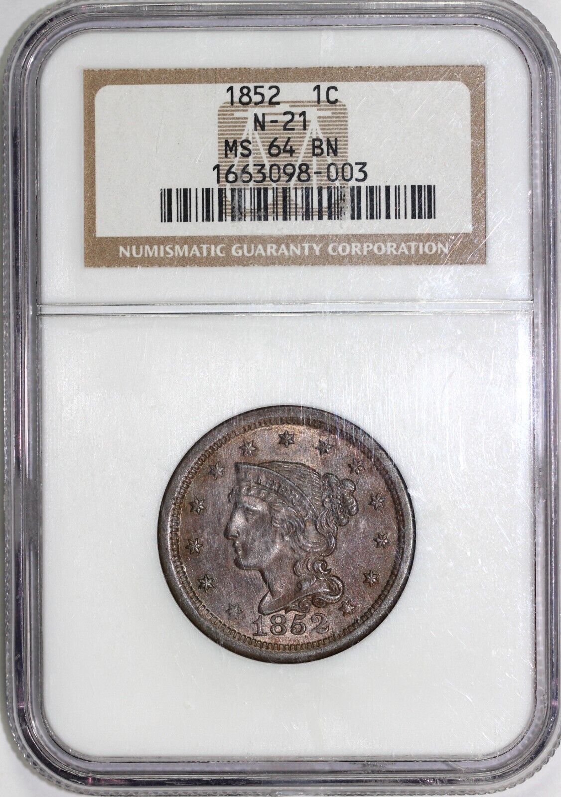 1852 1c N-21 Braided Hair Large Cent NGC MS 64 BN *EDS, CC Level*