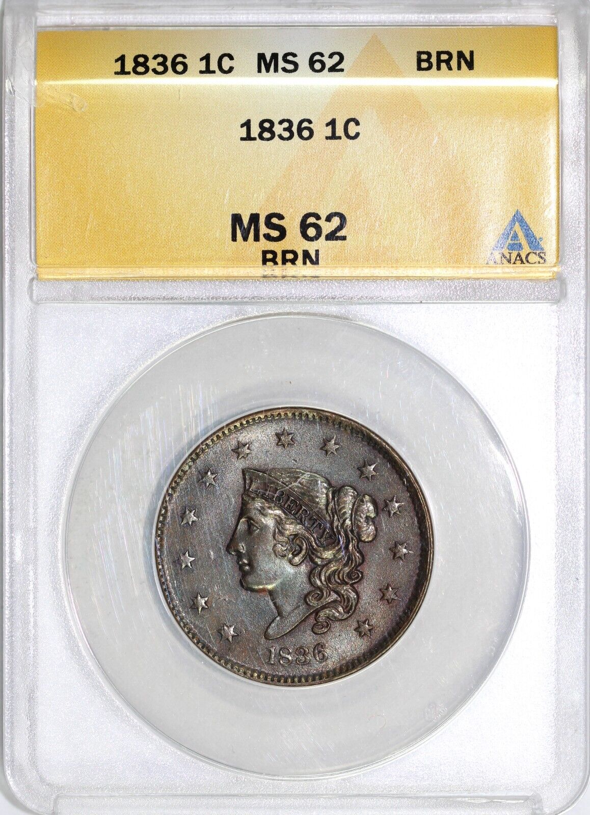 1836 1c Matron Head Large Cent ANACS MS 62 BN