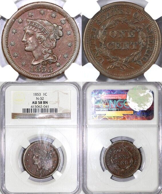 1853 1c N-32 Braided Hair Large Cent NGC AU 58