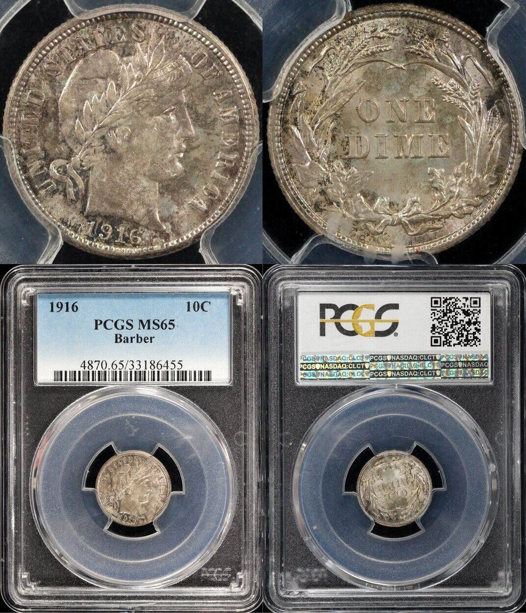 1916 10c Barber Dime PCGS MS 65