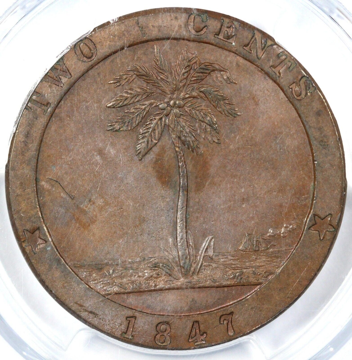 1847 2c Republic of Liberia Copper 2 Cent Piece PCGS MS 63 BN