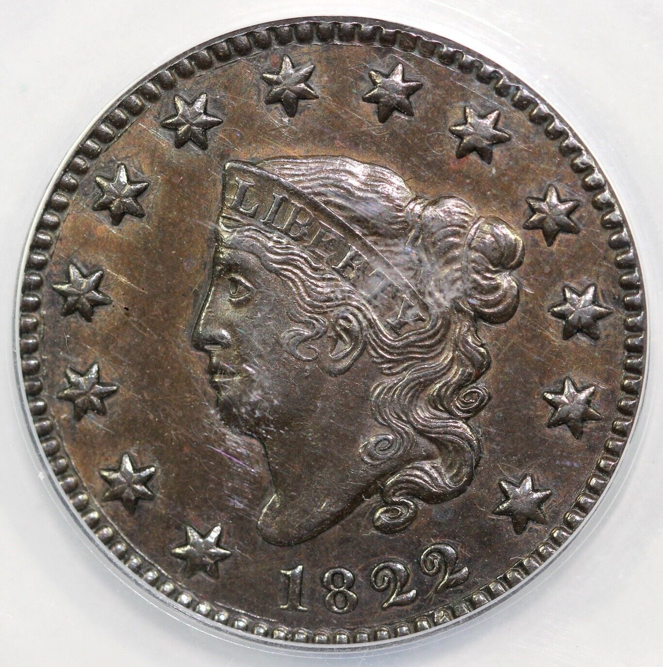1822 1c Matron Head Large Cent ANACS AU 58 DETAILS TOOLED