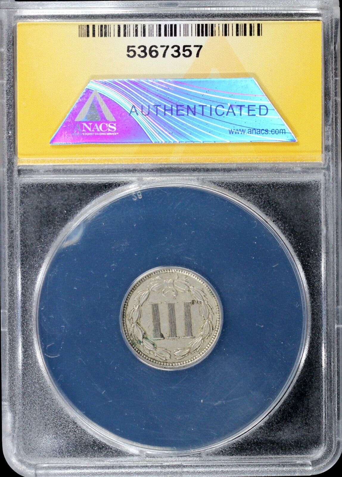 1872 3cn Three Cent Nickel ANACS AU 55 DETAILS CLEANED