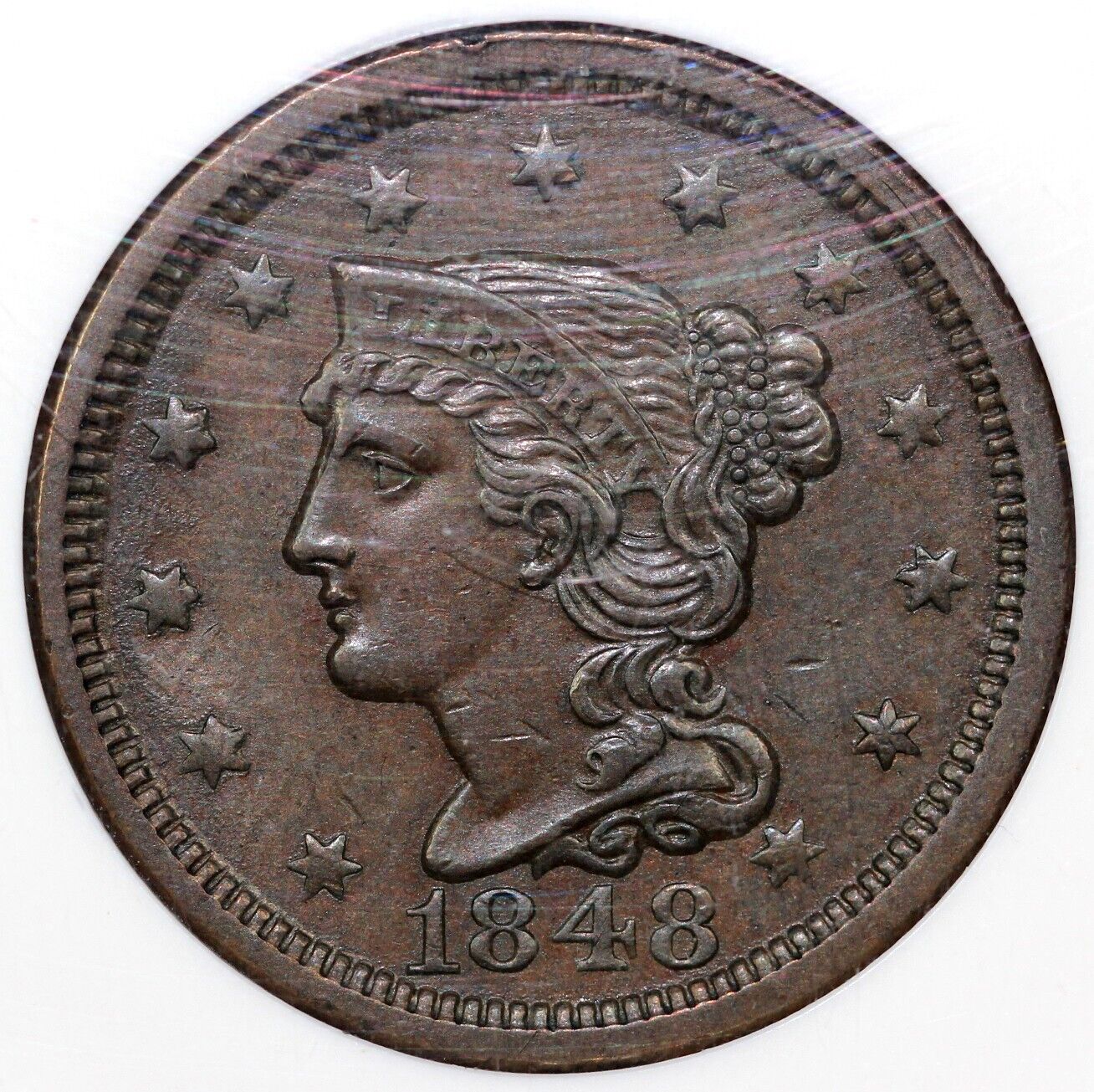 1848 1c N-23 Die State B Braided Hair Large Cent NGC MS 61 EX; REIVER