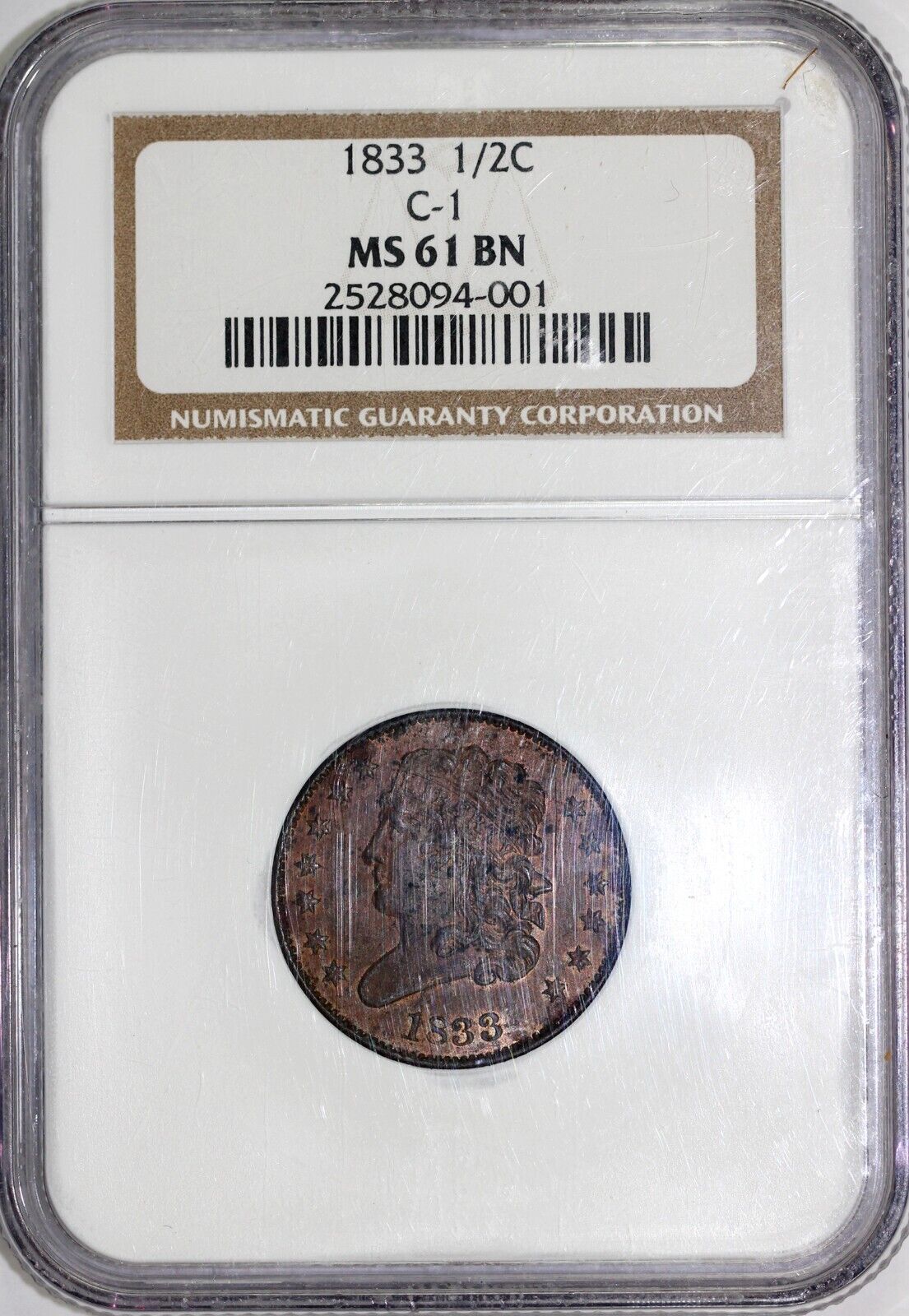 1833 1/2c C-1 Classic Head Half Cent NGC MS 61 BN