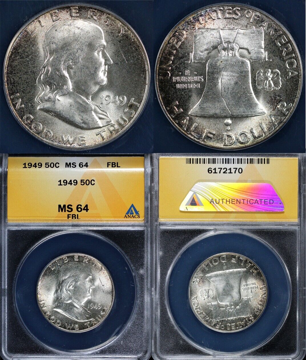 1949 50c Franklin Half Dollar ANACS MS 64 FBL
