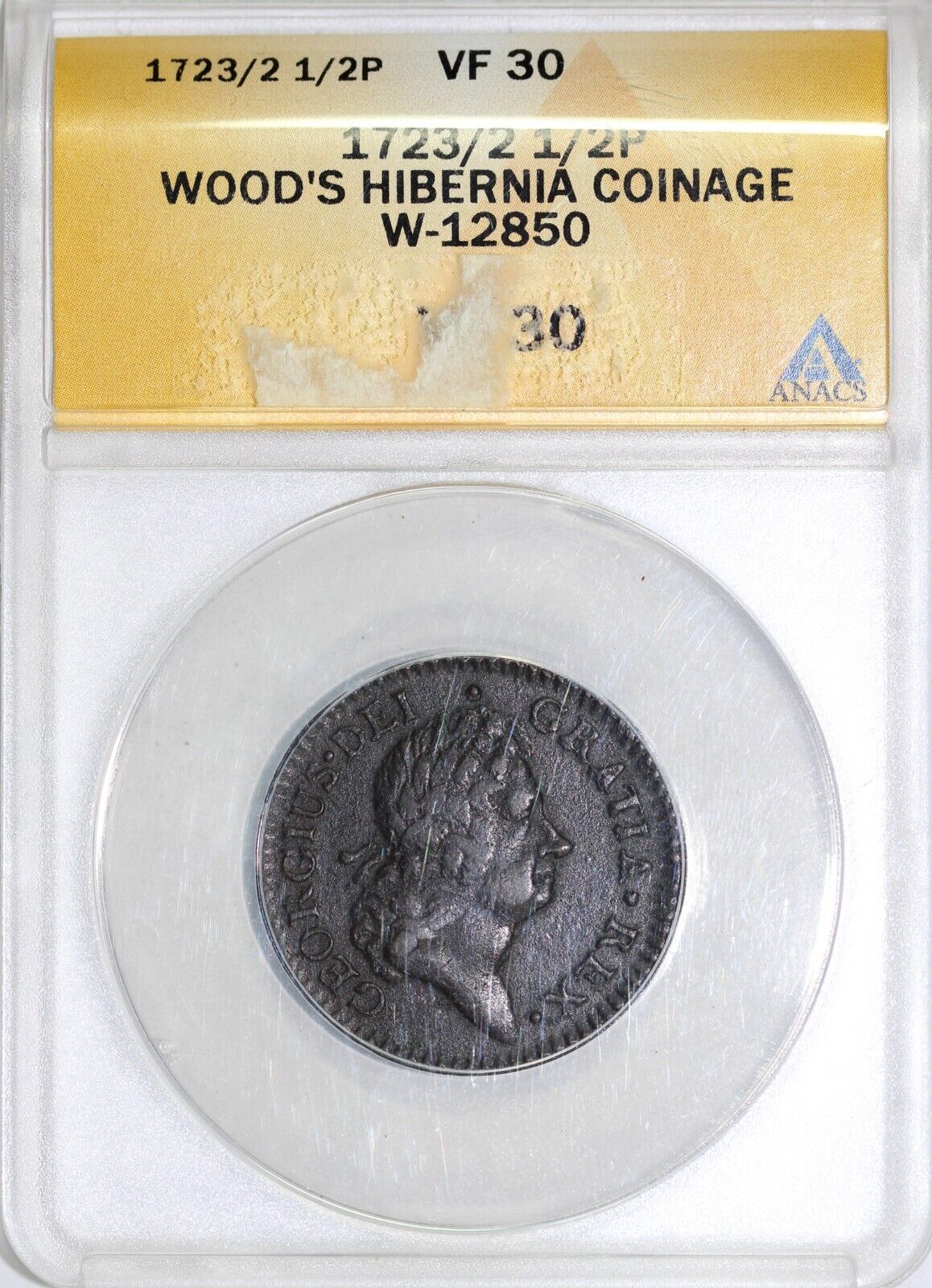 1723 1/2p W-12850 Woods Hibernia Colonial Half Penny ANACS VF 30