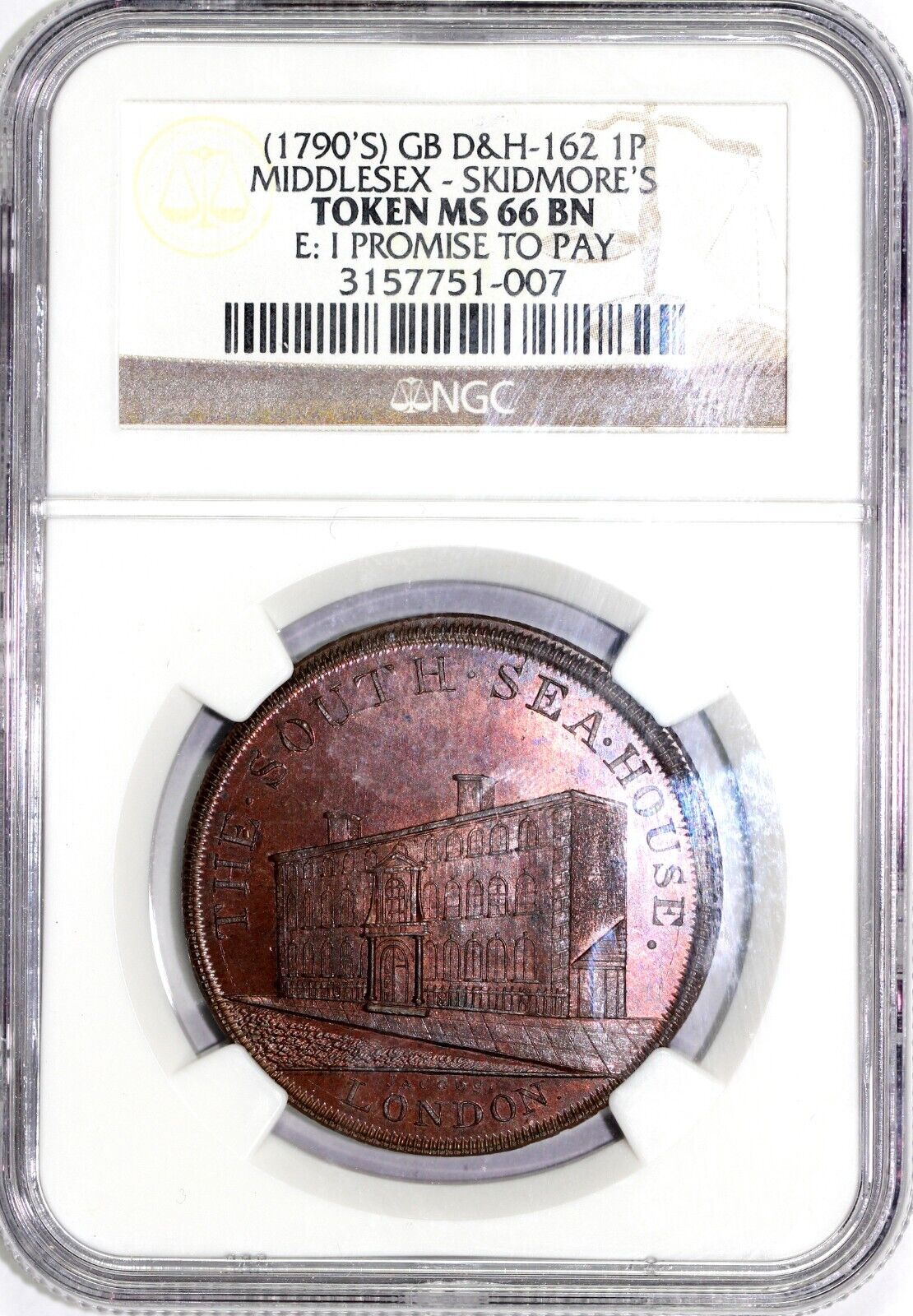1790's 1P D&H-162 Middlesex-Skidmore's Token NGC MS 66