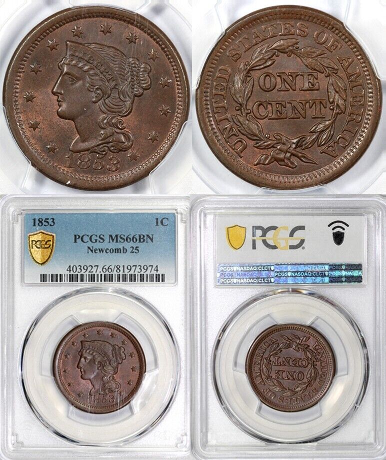 1853 1c N-25 Braided Hair Large Cent PCGS MS 66 BN