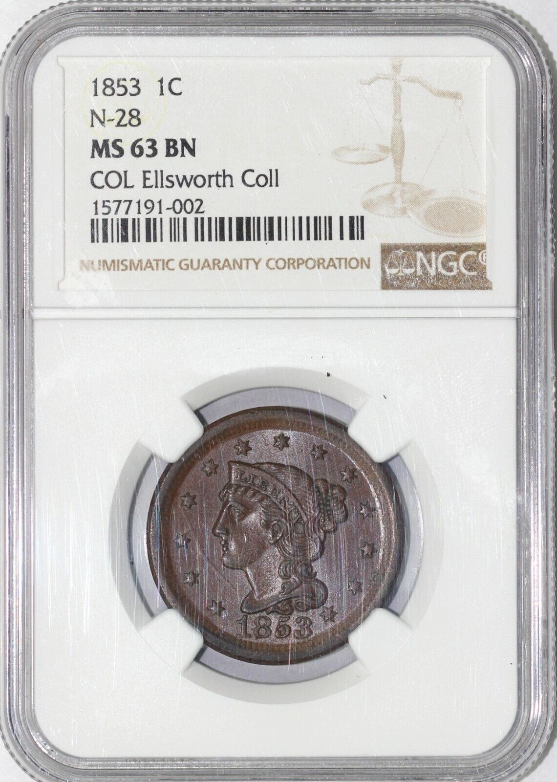 1853 1c N-28 Braided Hair Large Cent NGC MS 63 BN EX; ELLSWORTH