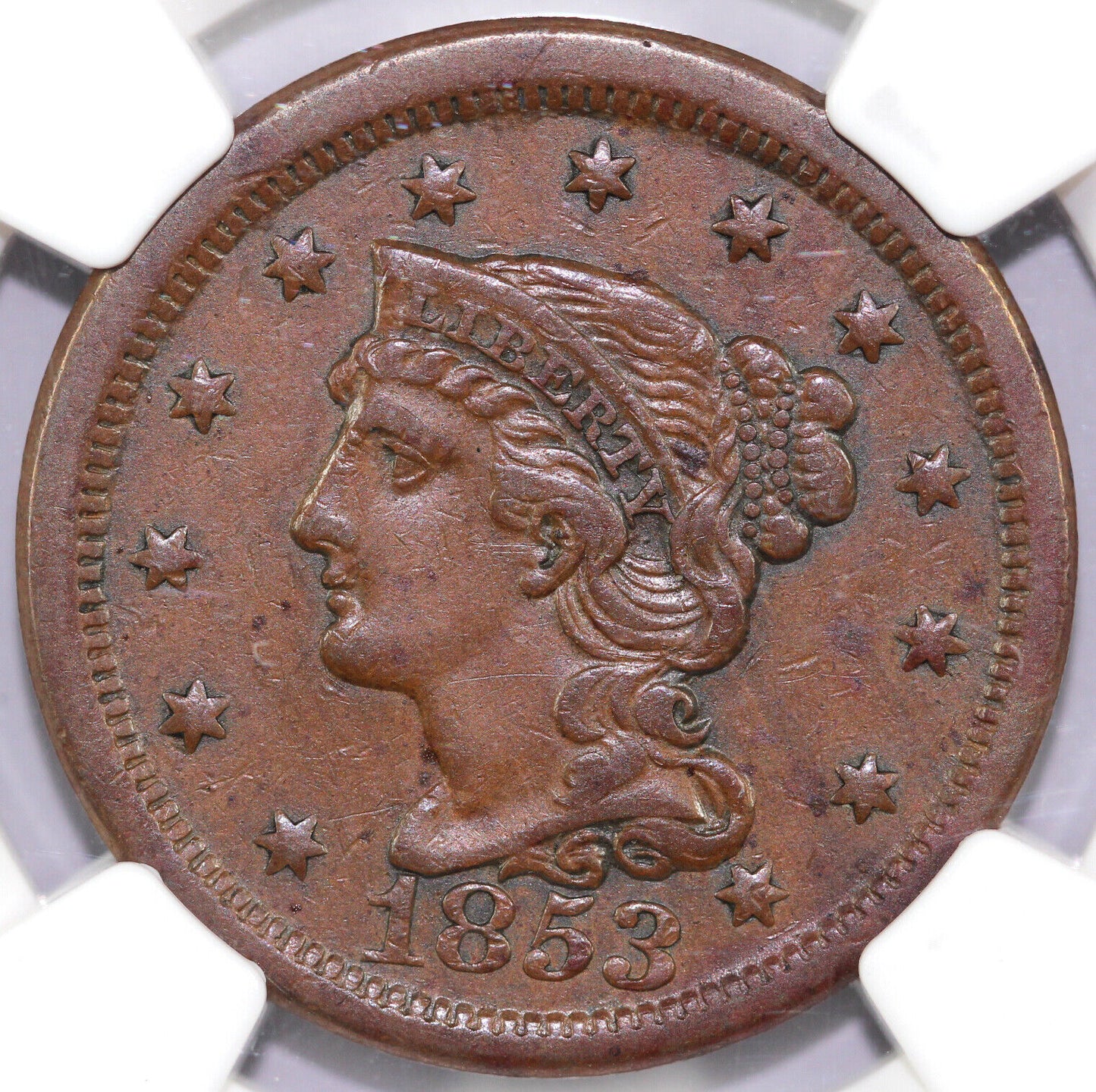 1853 1c N-32 Braided Hair Large Cent NGC XF 45