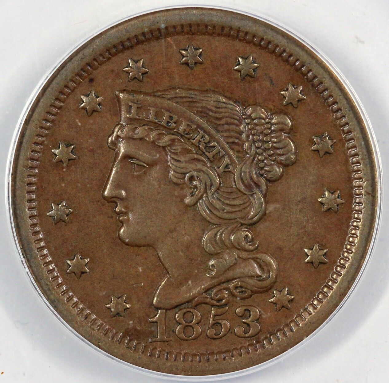 1853 1c Braided Hair Large Cent ANACS AU 50