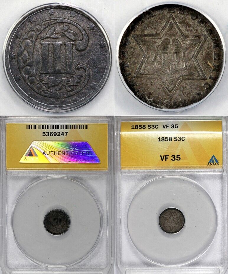 1858 3cs Three Cent Silver ANACS VF 35