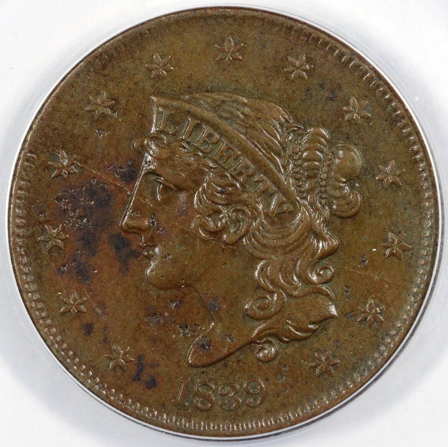 1839 1c N-12 Booby Head Coronet or Matron Head Large Cent ANACS AU 50 Details
