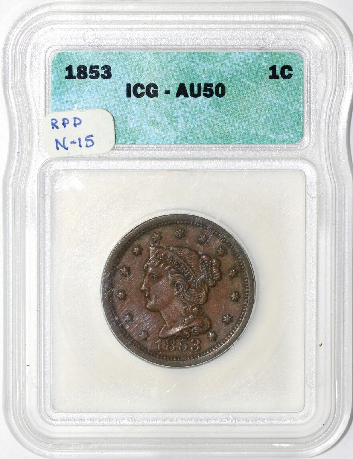1853 1c N-15 Braided Hair Large Cent ICG AU 50