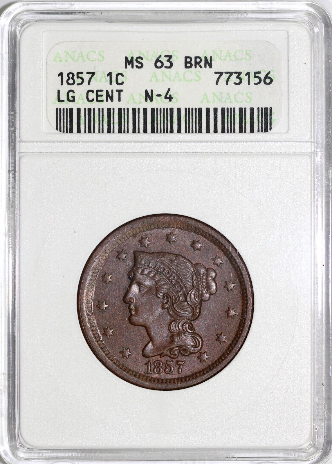 1857 1c N-4 Braided Hair Large Cent ANACS MS 63 BN *Sharp Strike, EDS*