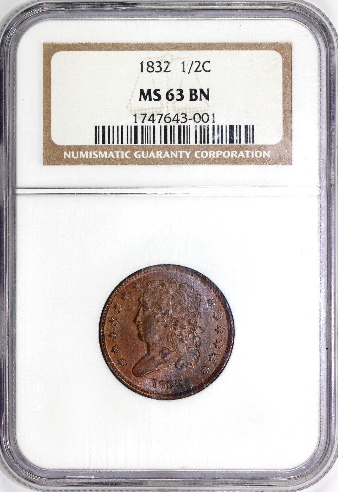1832 1/2c C-3 Classic Head Half Cent NGC MS 63 BN