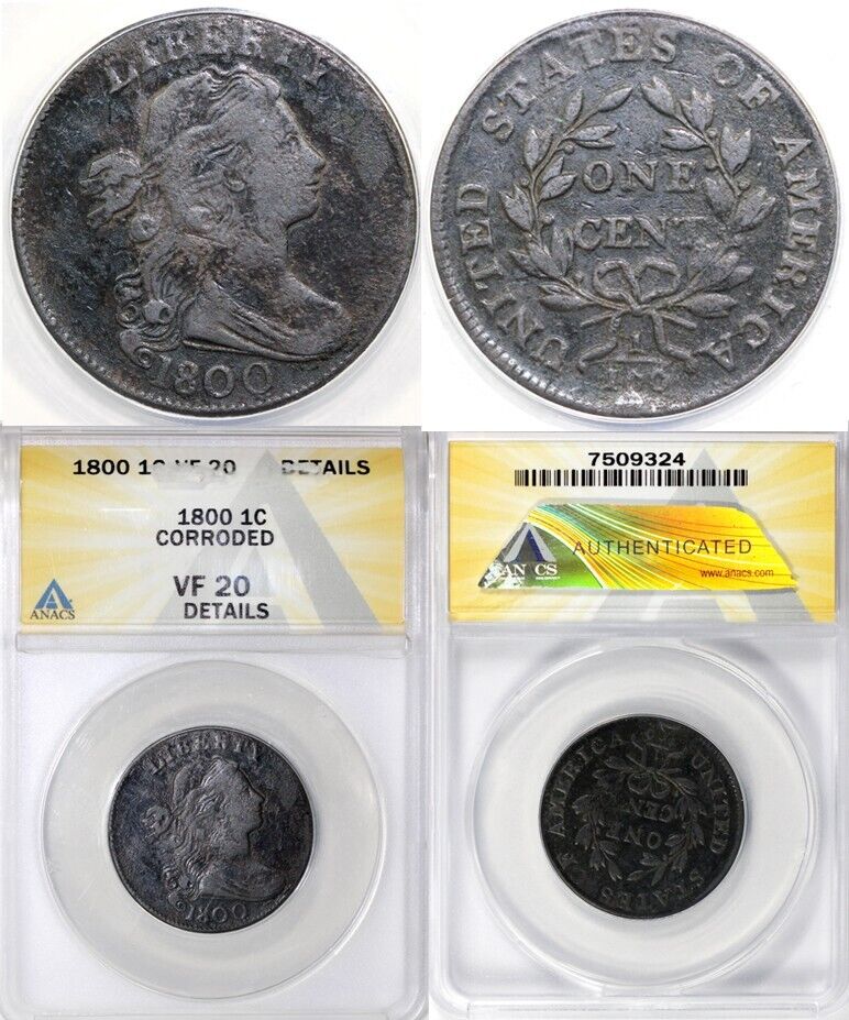 1800 1c S-207 Draped Bust Large Cent ANACS VF 20 DETAILS CORRODED