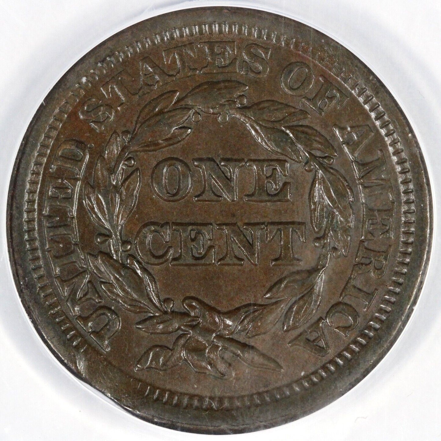 1853 1c Braided Hair Large Cent Rim Clip ANACS AU 55