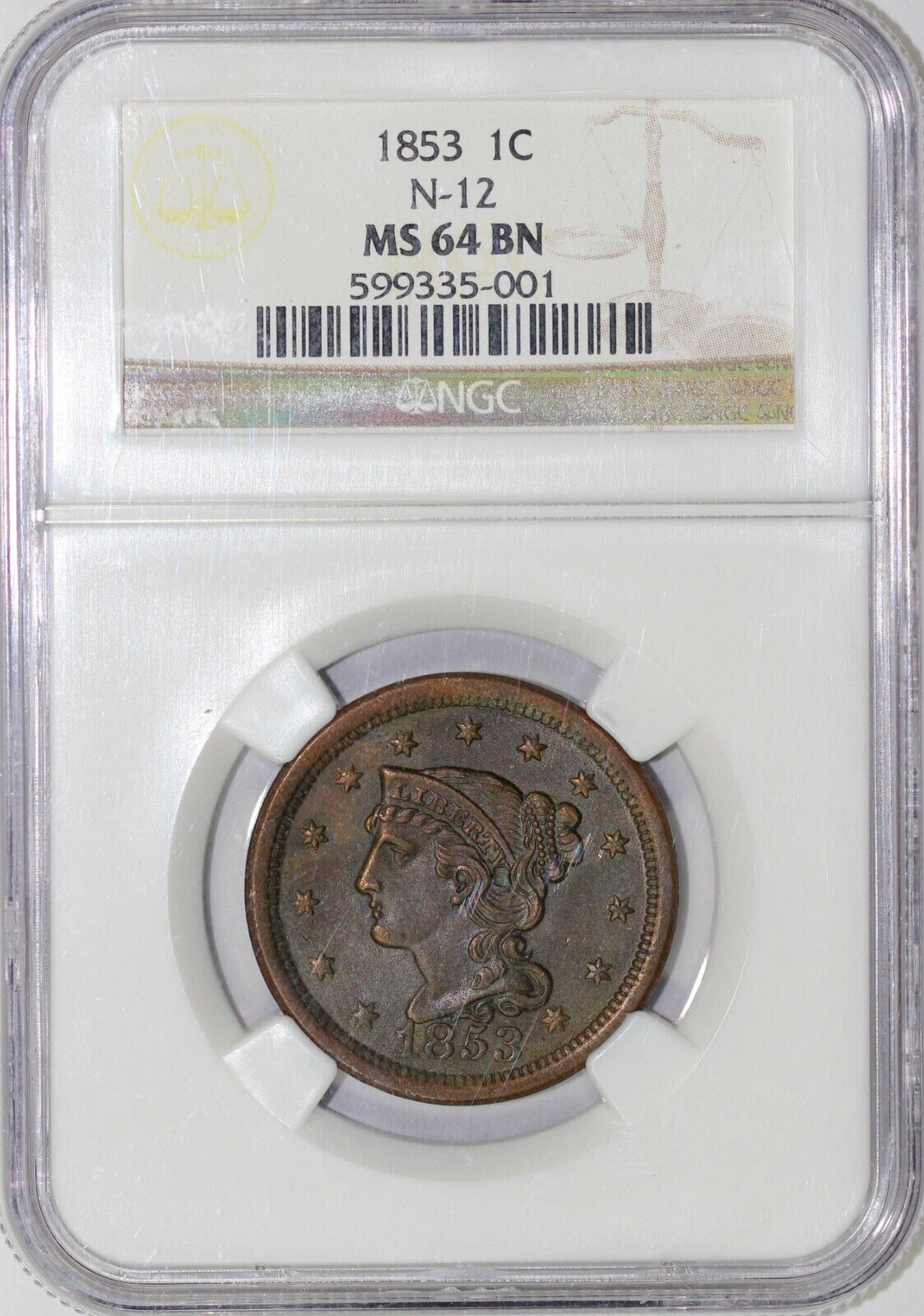 1853 1c N-12 Braided Hair Large Cent NGC MS 64 BN