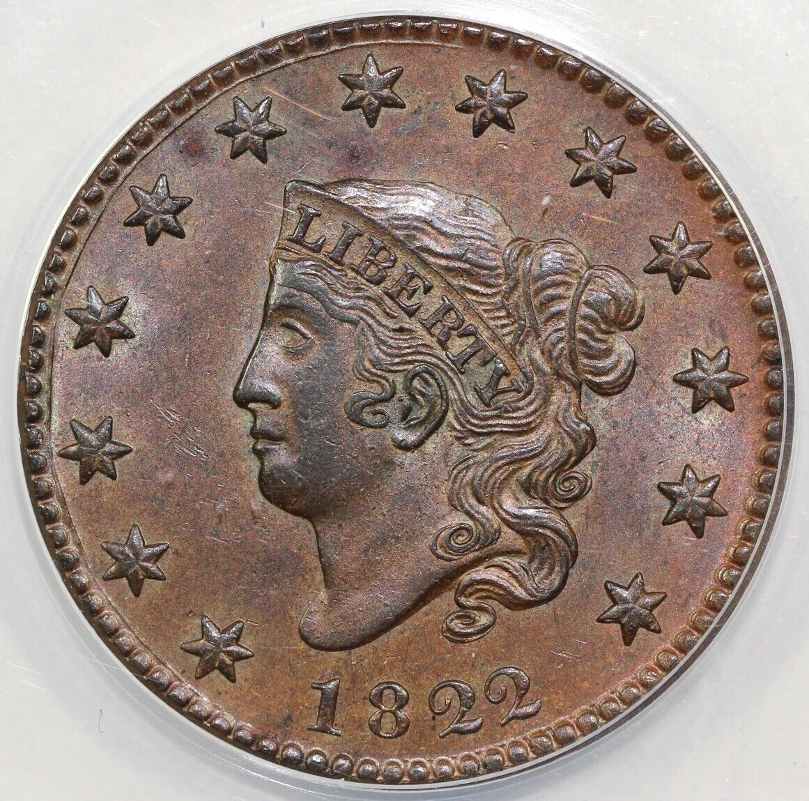 1822 1c N-3 Matron Head Large Cent ANACS AU 55