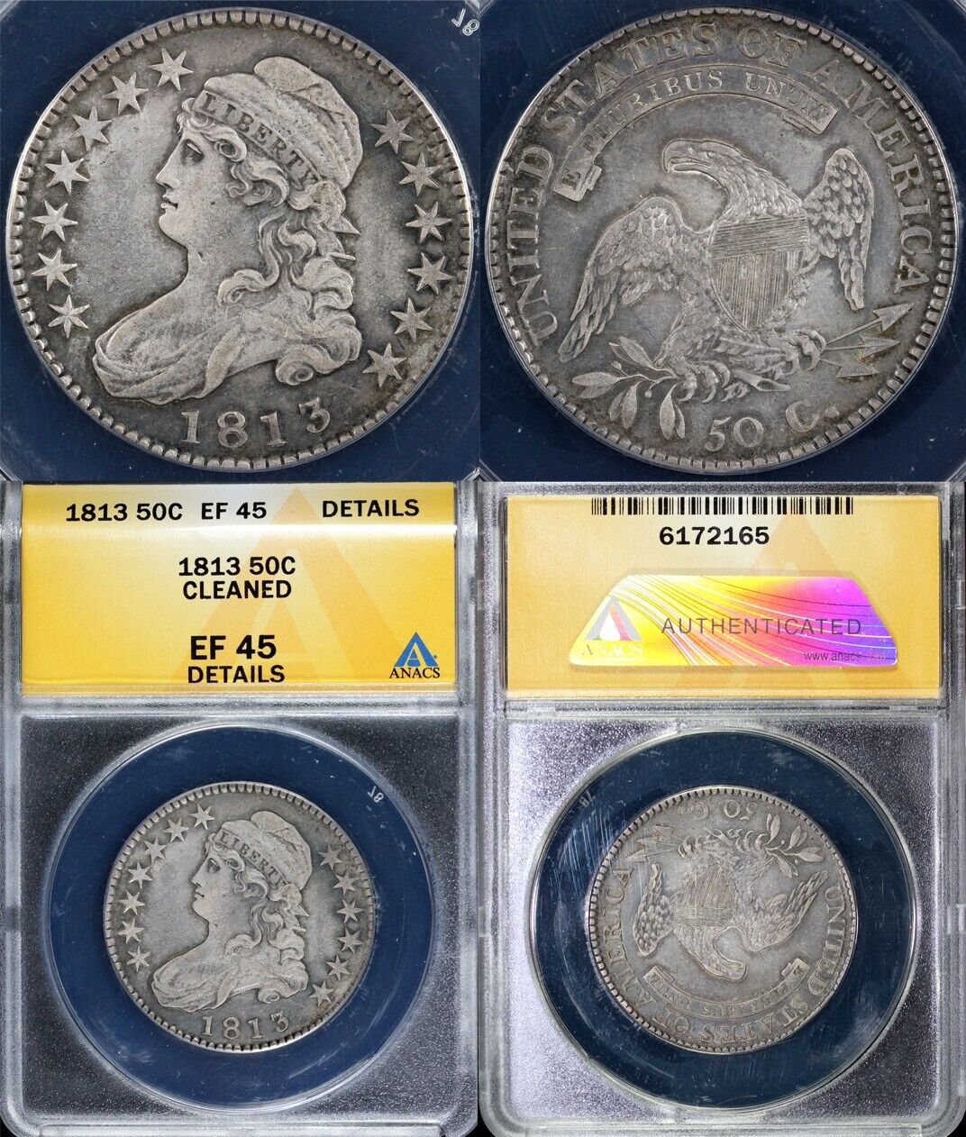 1813 50c Capped Bust Half Dollar ANACS EF 45 DETAILS CLEANED