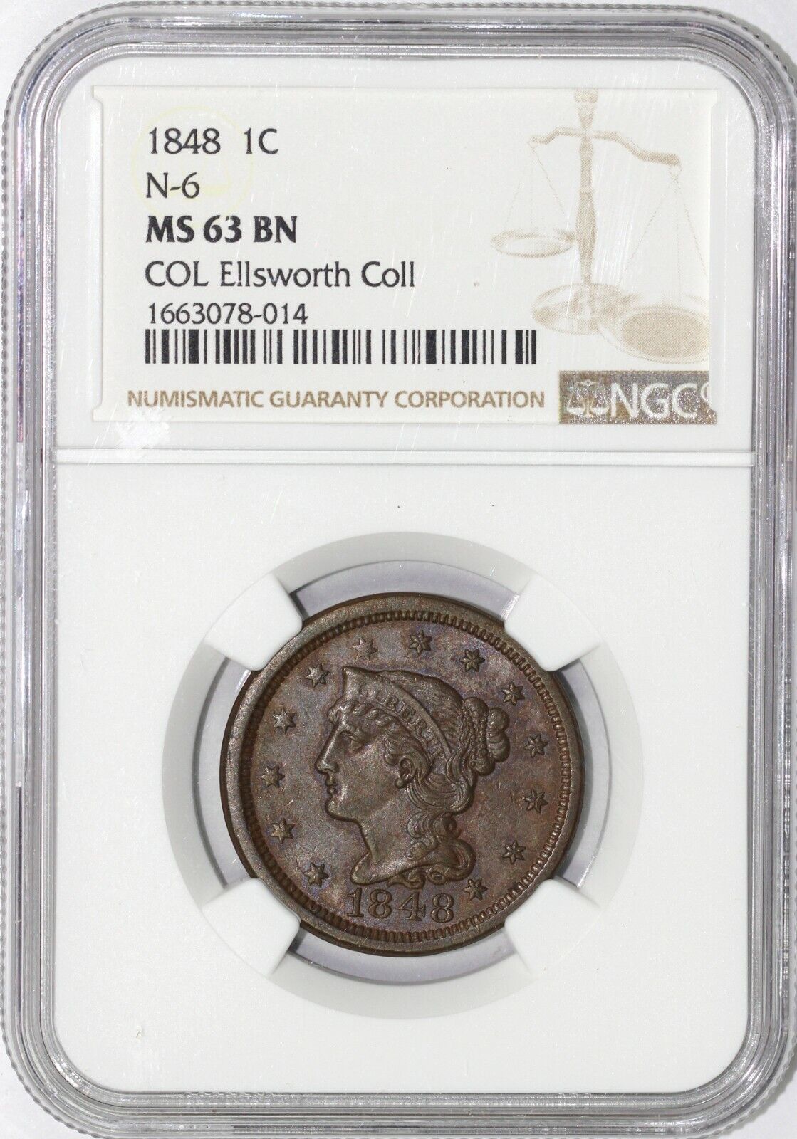 1848 1c N-6 Braided Hair Large Cent NGC MS 63 BN EX; ELLSWORTH
