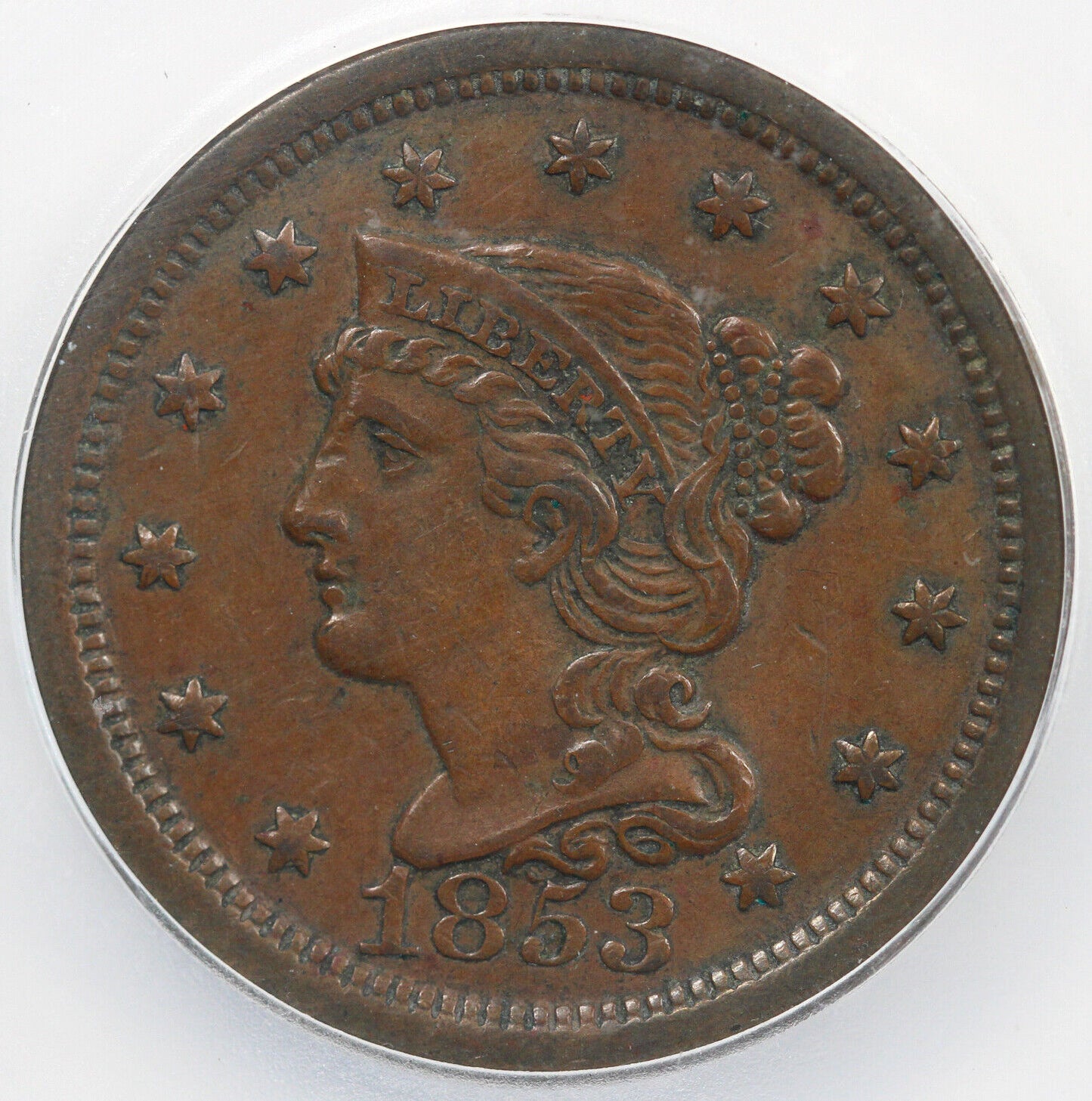 1853 1c N-15 Braided Hair Large Cent ICG AU 50