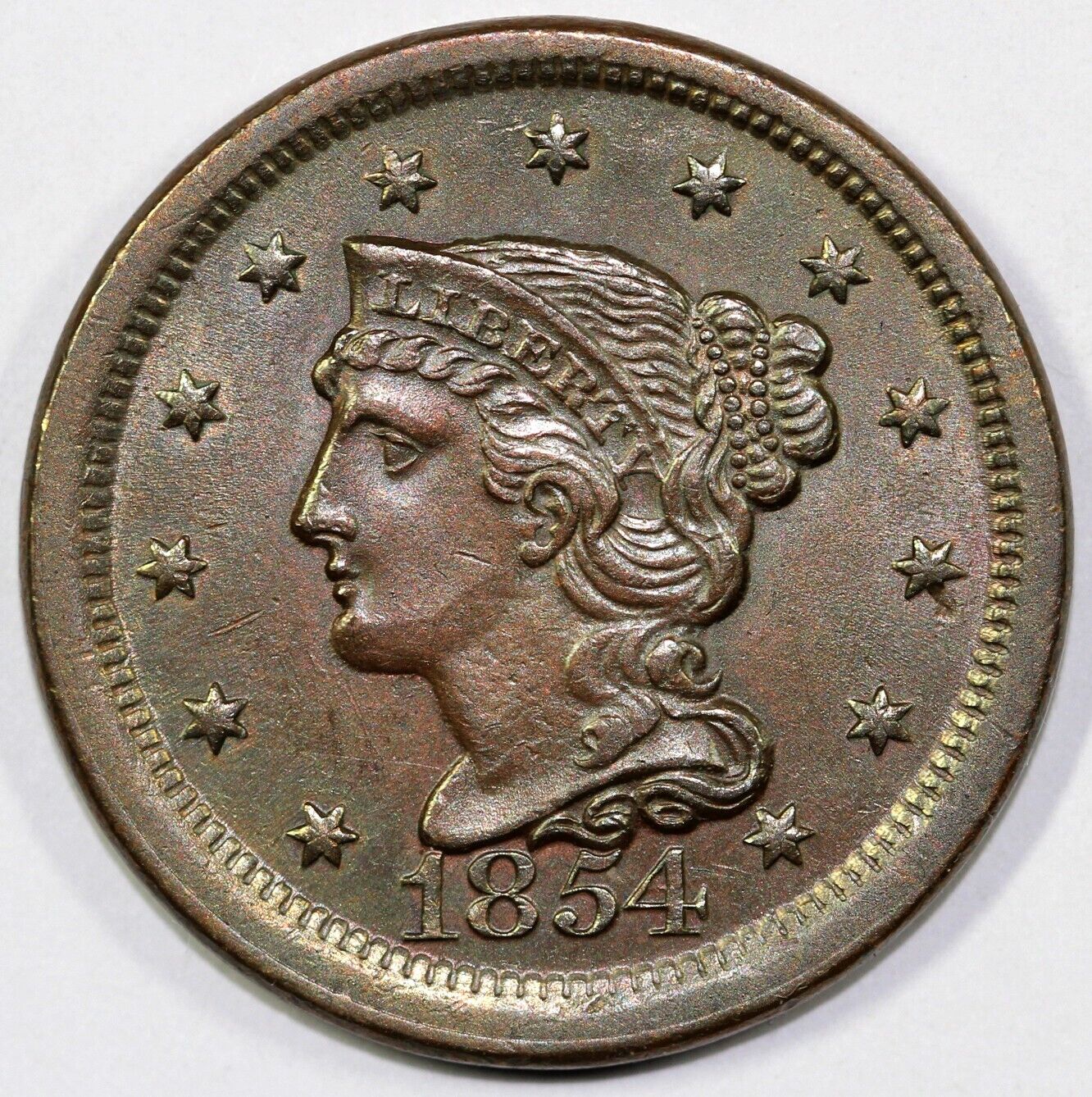 1854 1c Braided Hair Large Cent