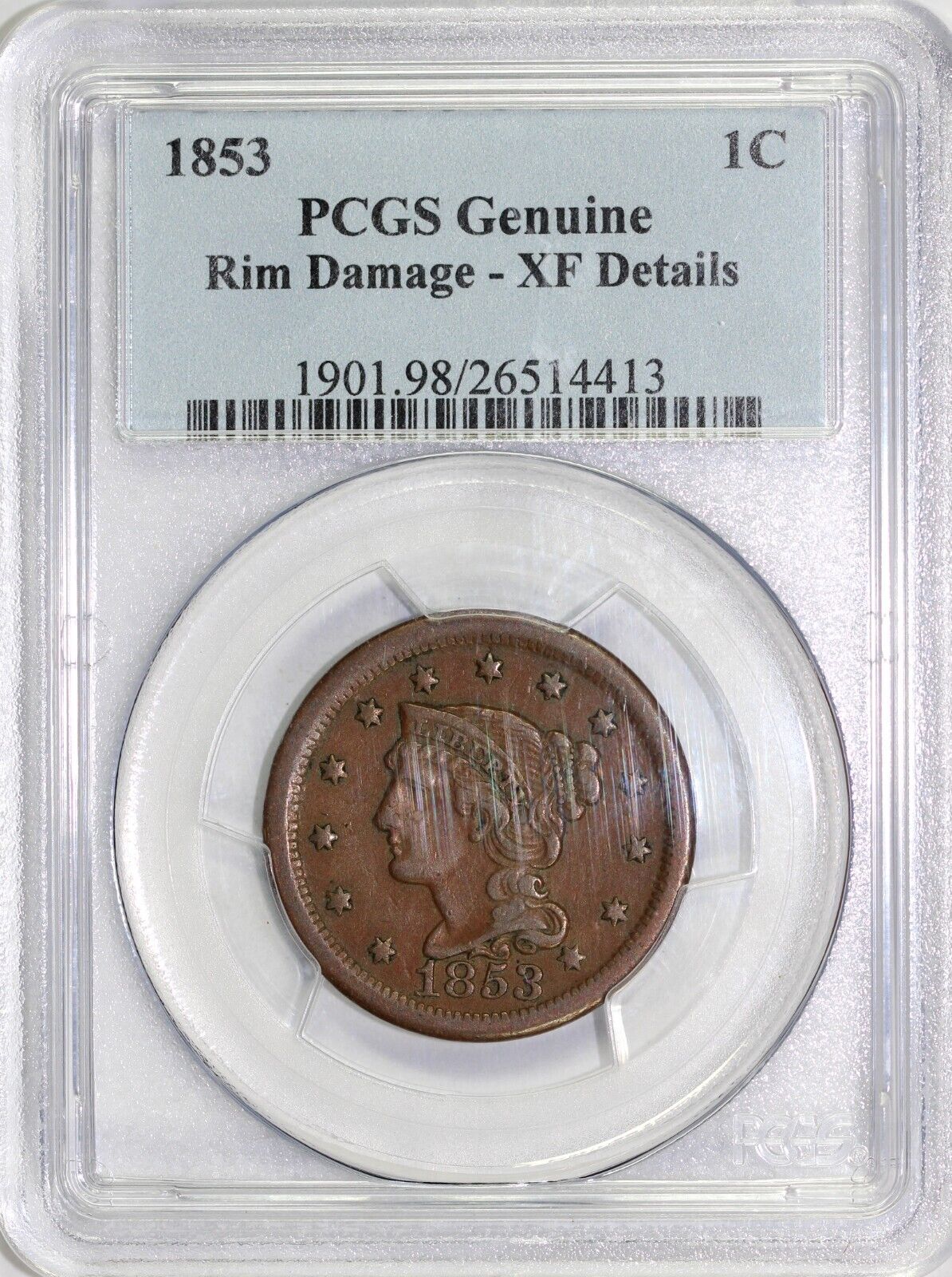 1853 1c N-35 Braided Hair Large Cent PCGS XF DETAILS RIM DAMAGE