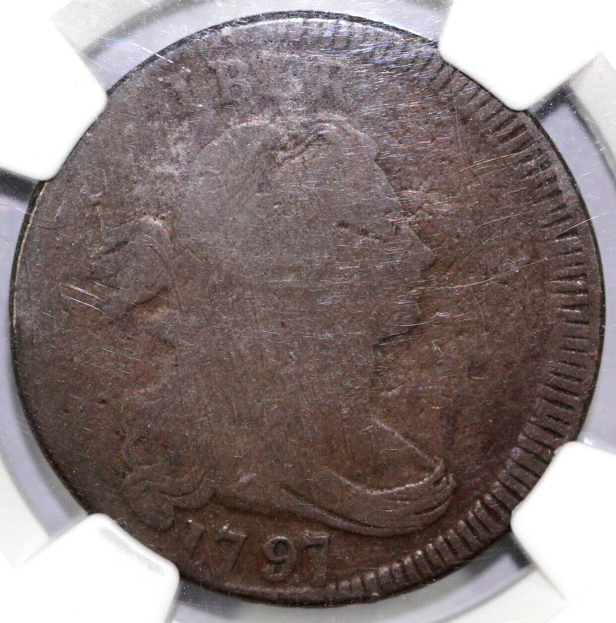 1797 1c Stems Rev of 97 Struck Off Center Draped Bust Large Cent NGC GOOD 6