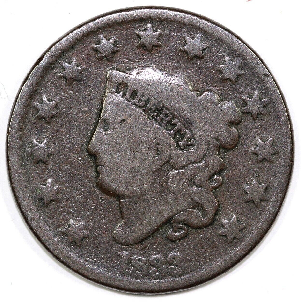 1833 1c N-5 Horned 8 Matron Head Large Cent