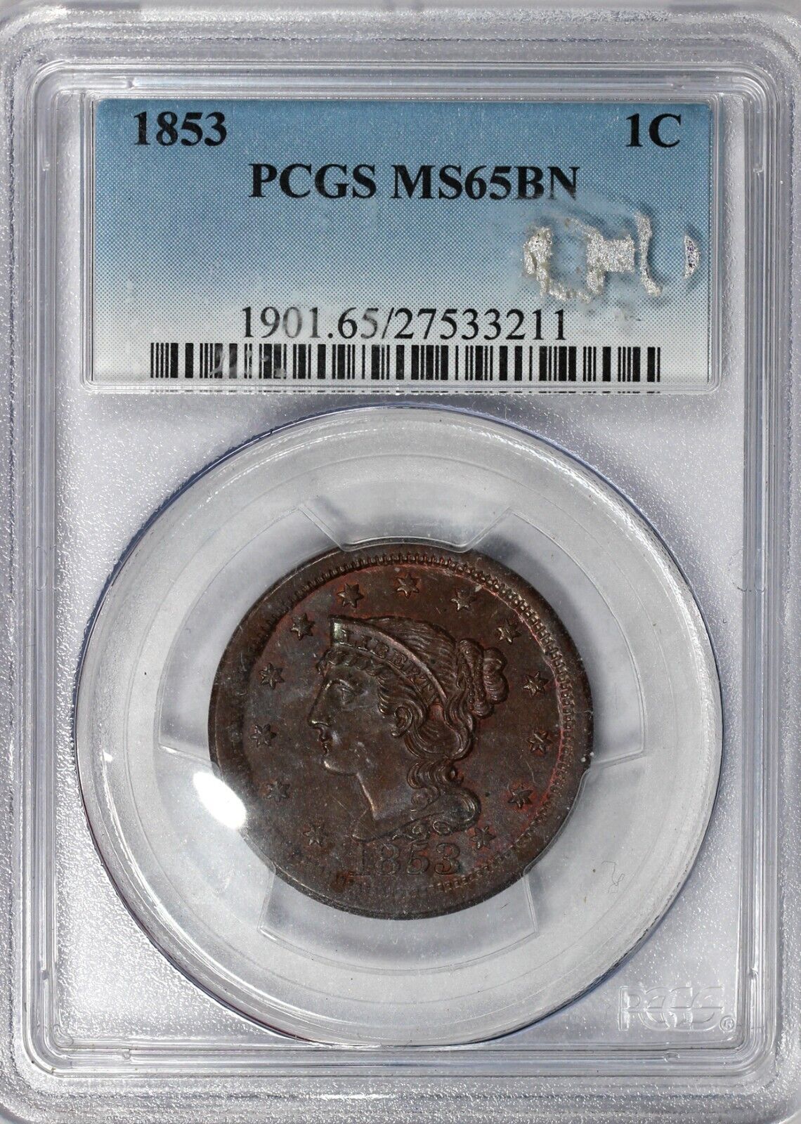 1853 1c Braided Hair Large Cent PCGS MS 65 BN