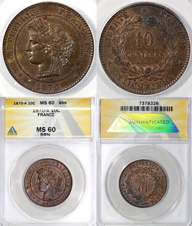 1870-A 10c Republic of France 10 Centimes ANACS MS 60 BN