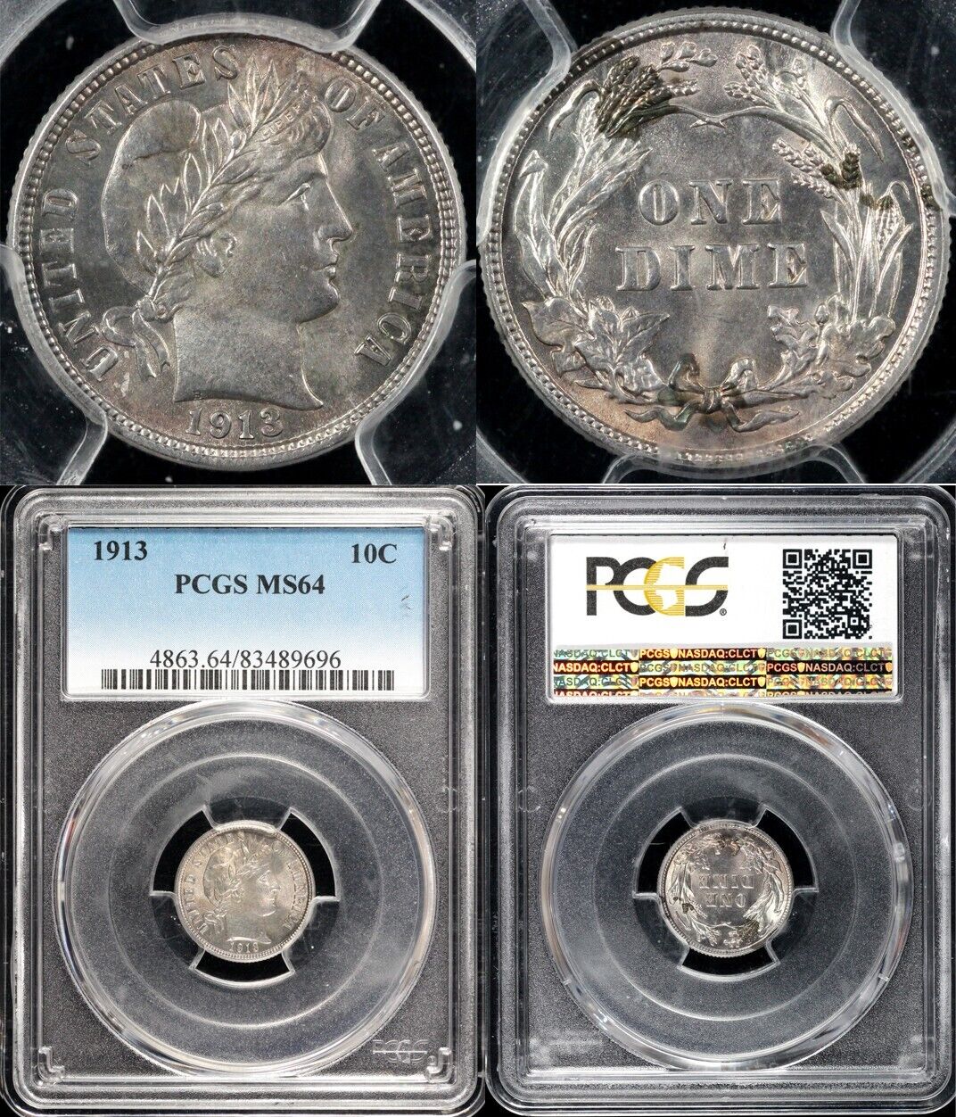 1913 10c Barber Dime PCGS MS 64