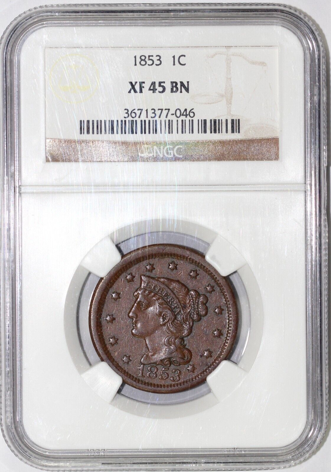 1853 1c N-32 Braided Hair Large Cent NGC XF 45
