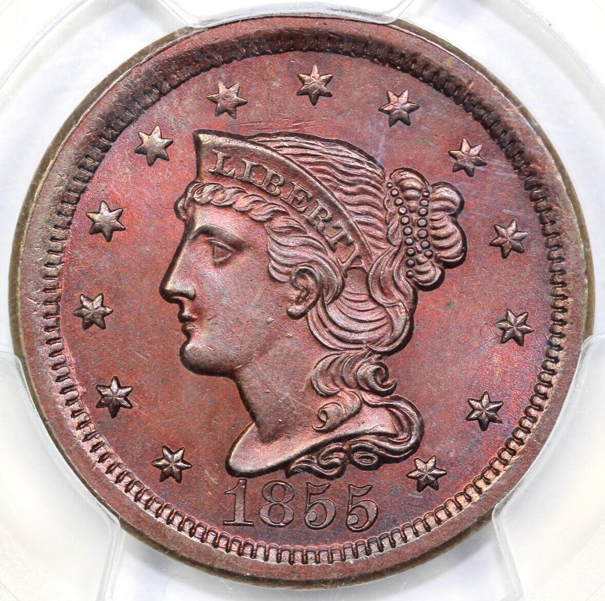 1855 1c Upright 55 Braided Hair Large Cent PCGS UNC DETAILS CLEANED