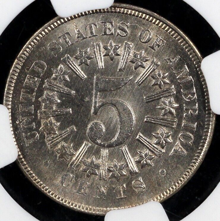 1866 5c Rays Shield Nickel NGC MS 65