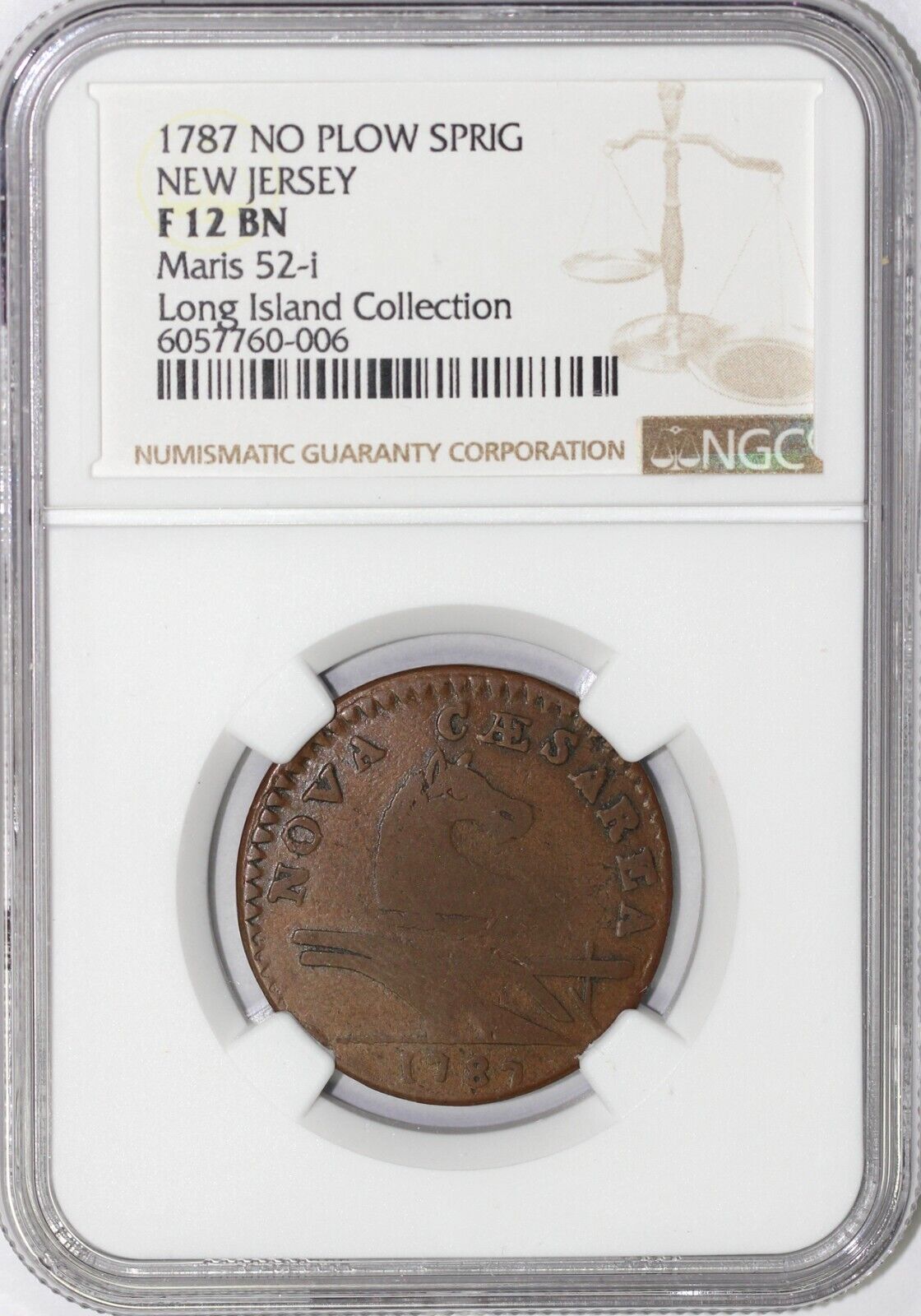 1787 1c No PLow Sprig Maris 52-i New Jersey Colonial Copper NGC F 12