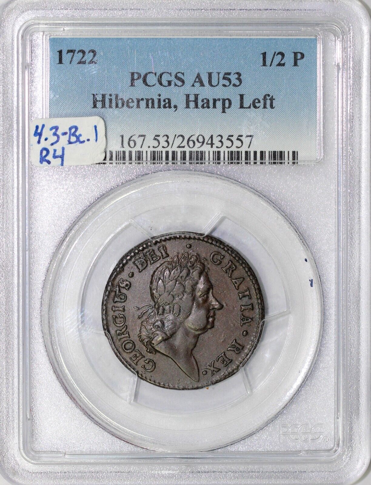 1722 1/2p 4.3-Bc.1 Woods Hibernia Harp Left PCGS AU 53