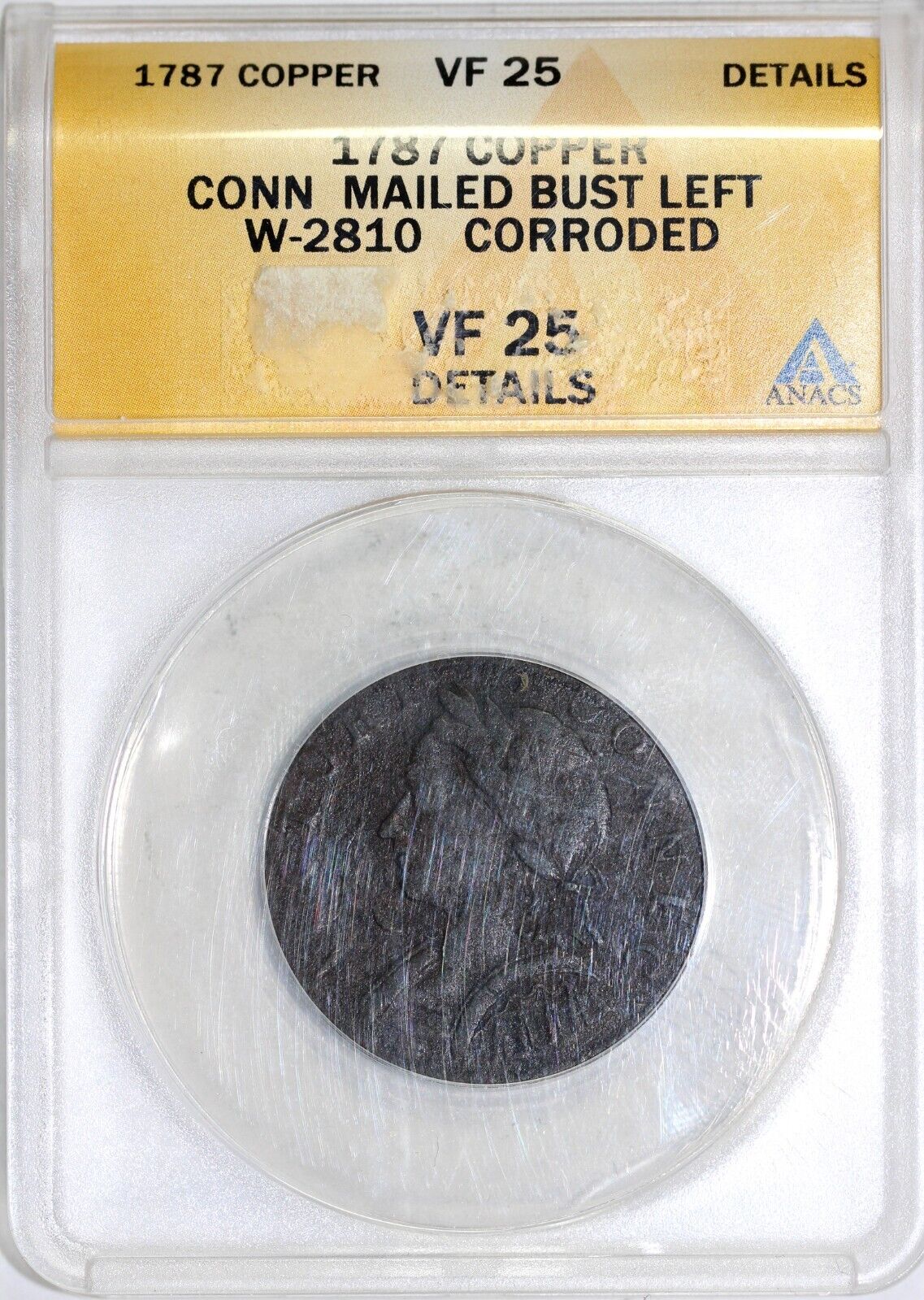 1787 1/2p W-2810 Connecticut Mailed Bust Left Colonial ANACS VF 25 Details
